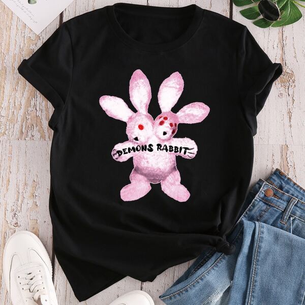 

Cartoon & Letter Round Neck Tee, Black
