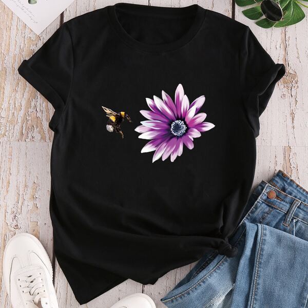 

Floral Print Round Neck Tee, Black
