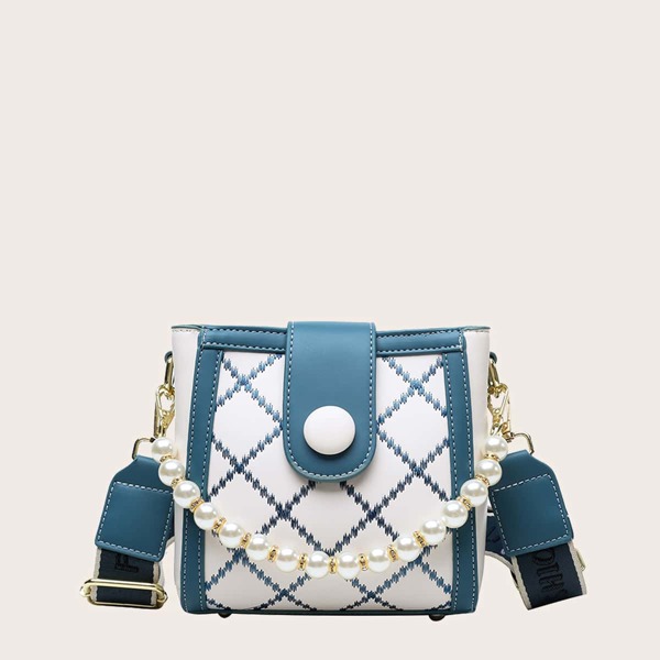 

Faux Pearl Decor Bucket Bag, Blue and white