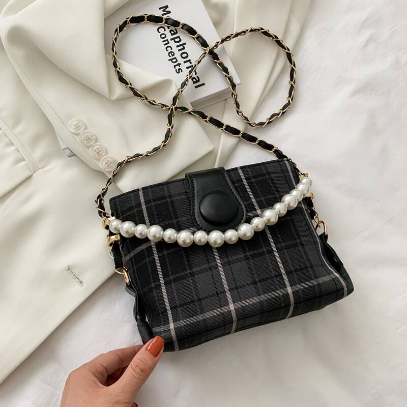 

Faux Pearl Decor Crossbody Bag, Black
