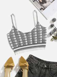 Plaid Pattern Crop Cami Knit Top - Grey - View 1