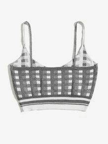 Plaid Pattern Crop Cami Knit Top - Grey - View 2
