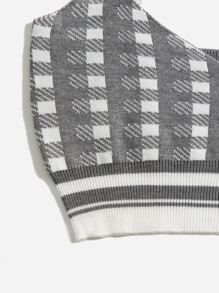 Plaid Pattern Crop Cami Knit Top - Grey - View 3