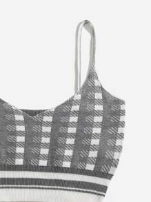 Plaid Pattern Crop Cami Knit Top - Grey - View 4