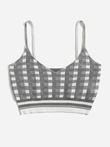 Plaid Pattern Crop Cami Knit Top - Grey - View 5