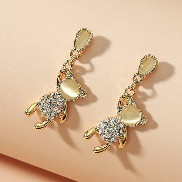 

Rhinestone Bear Drop Earrings, Gold
