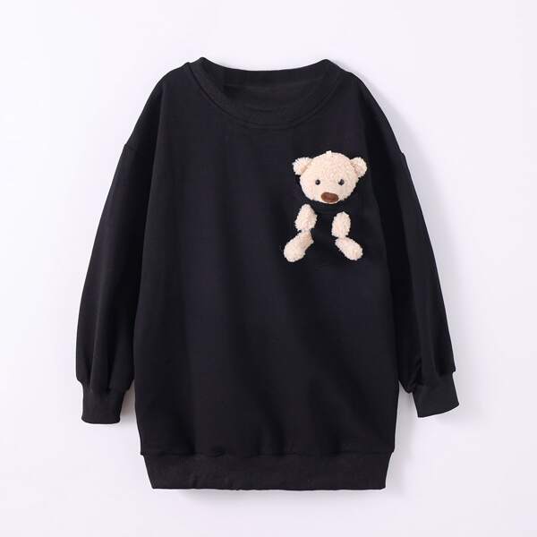 

Girls 3D Bear Doll Design Sweatshirt Dress, Black