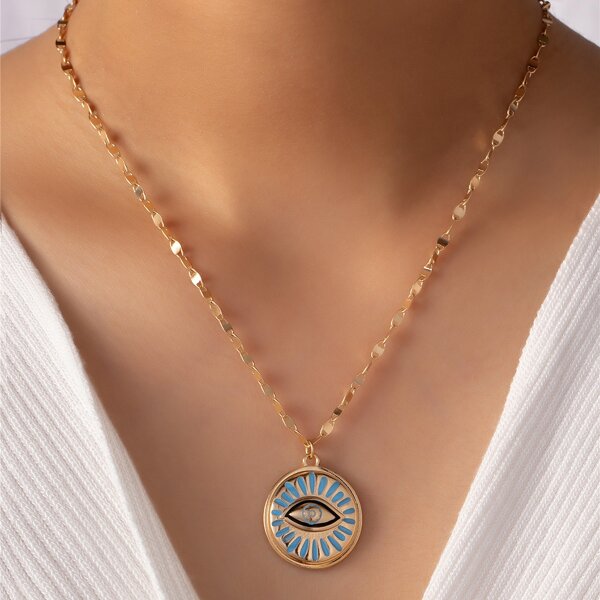 

Eye Decor Round Charm Necklace, Gold