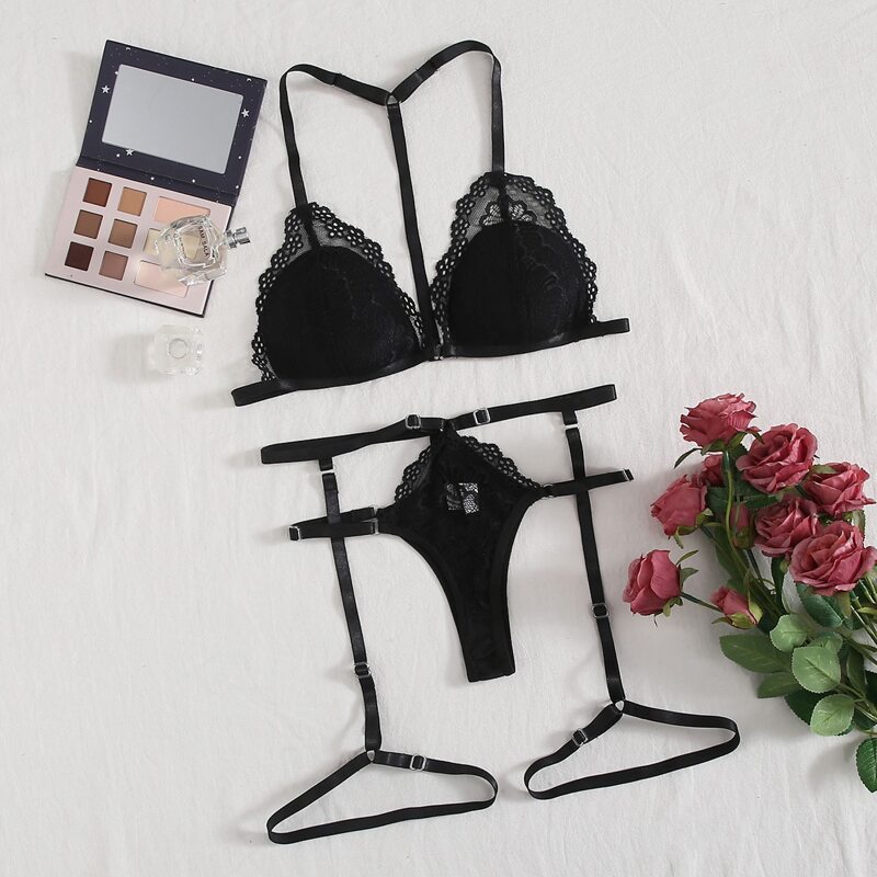 

Floral Lace Garter Lingerie Set, Black