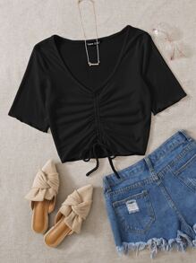 SHEIN EZwear Áo thun Plus size Dây kéo Xù màu trơn Giải trí - màu đen - Xem 1