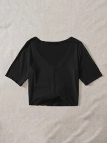 SHEIN EZwear Áo thun Plus size Dây kéo Xù màu trơn Giải trí - màu đen - Xem 2