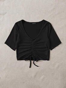 SHEIN EZwear Áo thun Plus size Dây kéo Xù màu trơn Giải trí - màu đen - Xem 3