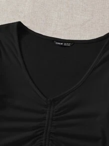 SHEIN EZwear Áo thun Plus size Dây kéo Xù màu trơn Giải trí - màu đen - Xem 5