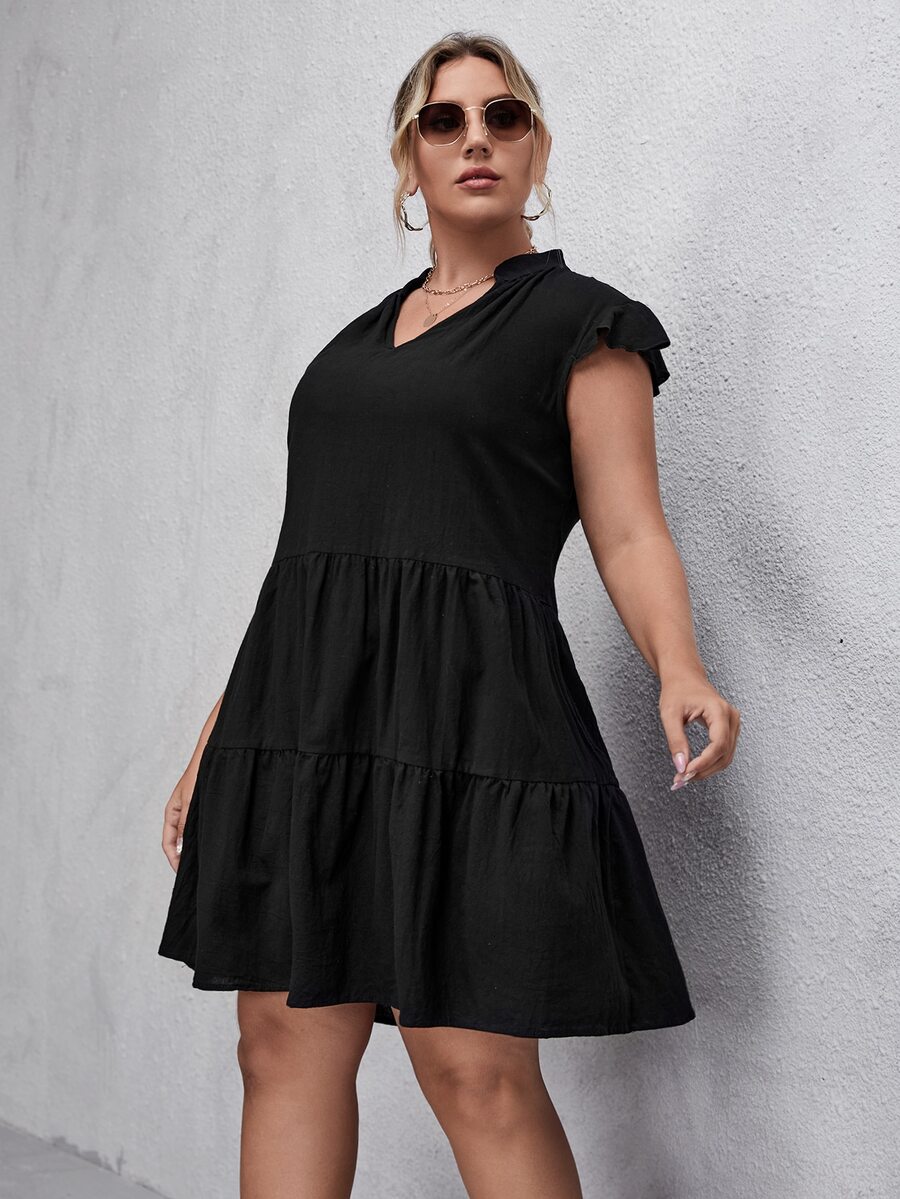 Plus Solid Babydoll Dress Without Belt - Black - View 1