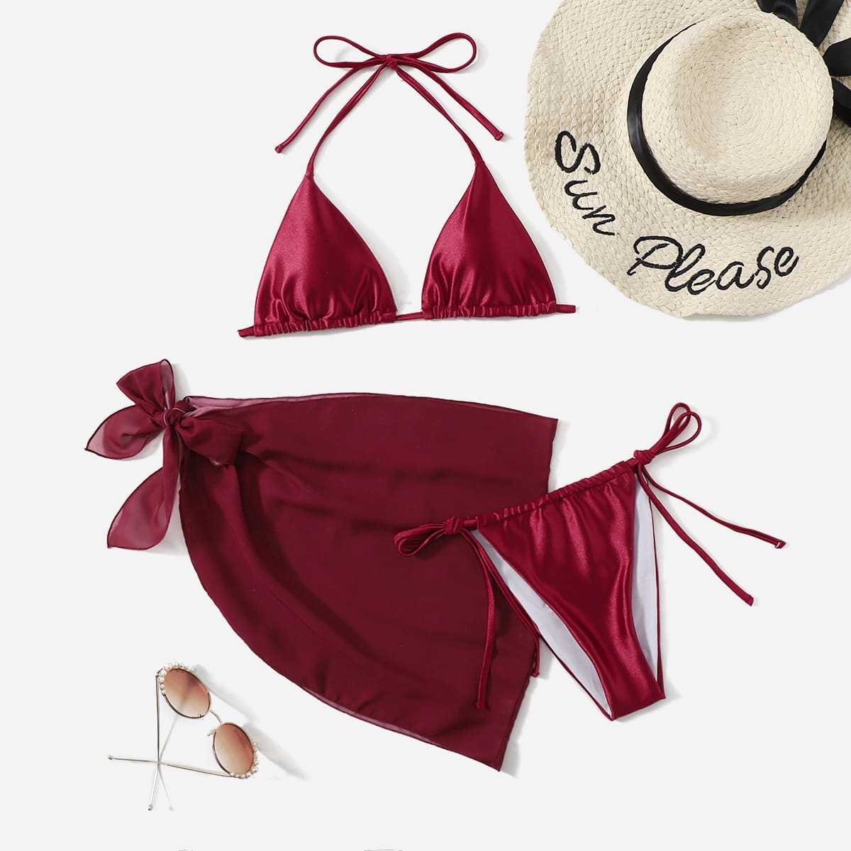 

3pack Solid Bikini Swimsuit With Beach Skirt, Red