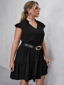 Plus Solid Babydoll Dress Without Belt - Black - View 5