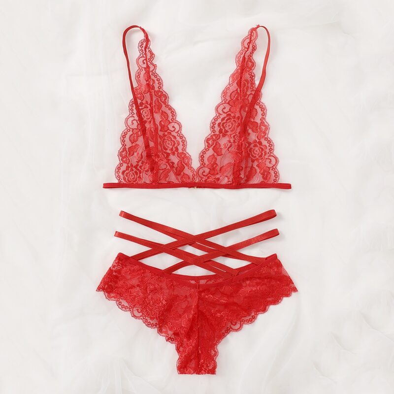 

Scallop Trim Lace Lingerie Set, Red