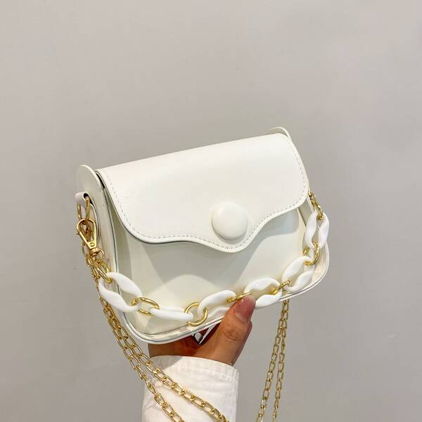 

Metal Decor Flap Chain Bag, White