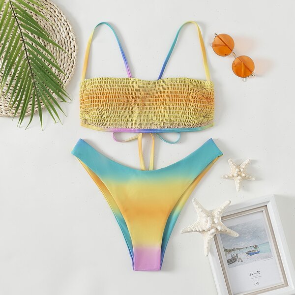 

Ombre Smocked High Cut Bikini Swimsuit, Multicolor