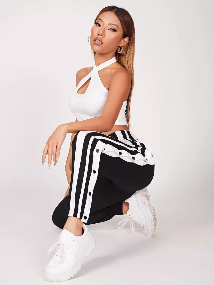 SHEIN PETITE Two Tone Button Side Joggers - Black - View 1