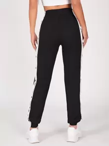SHEIN PETITE Two Tone Button Side Joggers - Black - View 2
