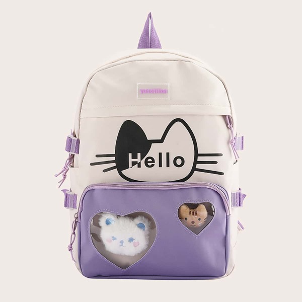 

Cartoon Decor Pocket Front Backpack, Purple