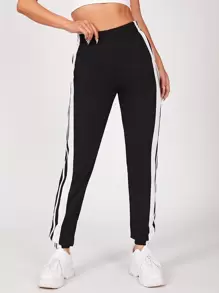 SHEIN PETITE Two Tone Button Side Joggers - Black - View 4