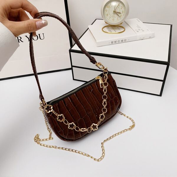 

Croc Embossed Chain Baguette Bag, Coffee brown