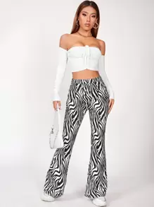SHEIN PETITE Zebra Stripe Flare Leg Trousers - Multicolor - View 1