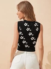 SHEIN Knit ngọn Hoa Giải trí - màu đen - Xem 2