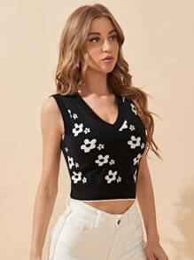 SHEIN Knit ngọn Hoa Giải trí - màu đen - Xem 5