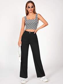 SHEIN PETITE Solid Straight Leg Trousers - Black - View 1