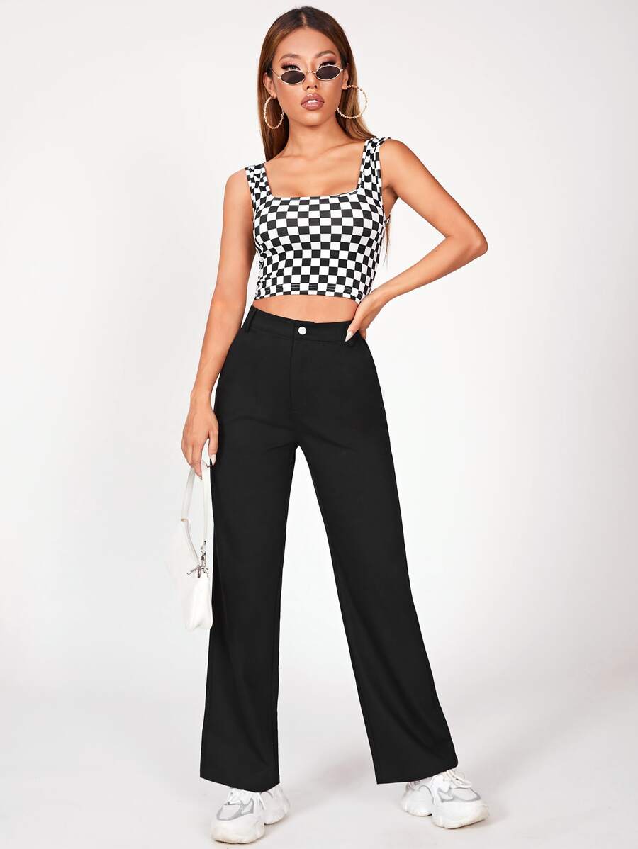 SHEIN PETITE Solid Straight Leg Trousers - Black - View 1