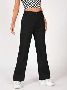 SHEIN PETITE Solid Straight Leg Trousers - Black - View 3