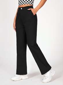 SHEIN PETITE Solid Straight Leg Trousers - Black - View 4