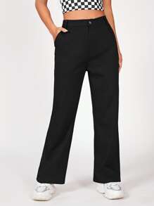 SHEIN PETITE Solid Straight Leg Trousers - Black - View 5