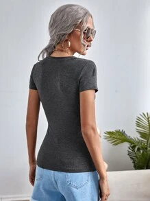 SHEIN Essnce Camiseta unicolor de manga de casquillo - Gris Oscuro - Ver 2