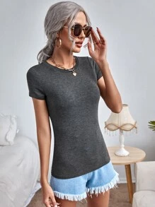 SHEIN Essnce Camiseta unicolor de manga de casquillo - Gris Oscuro - Ver 4