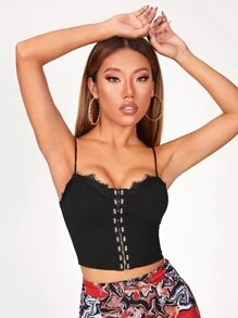 SHEIN PETITE Áo hai dây Tương phản ren màu trơn Gợi cảm - màu đen - Xem 3