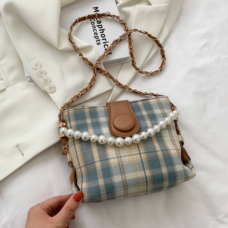 

Plaid Pattern Faux Pearl Decor Crossbody Bag, Brown