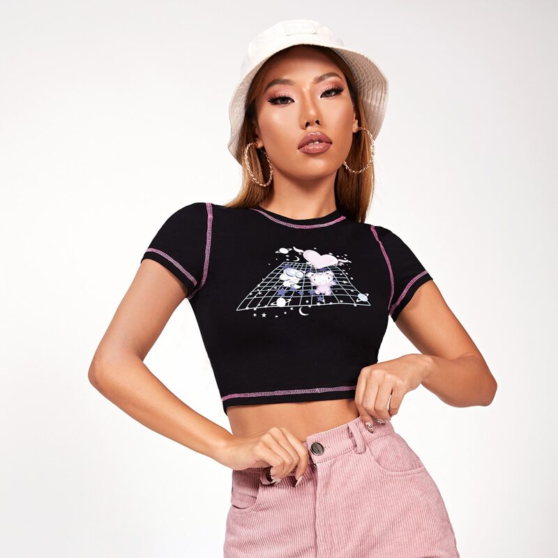 

Graphic Print Topstitching Crop Tee, Black