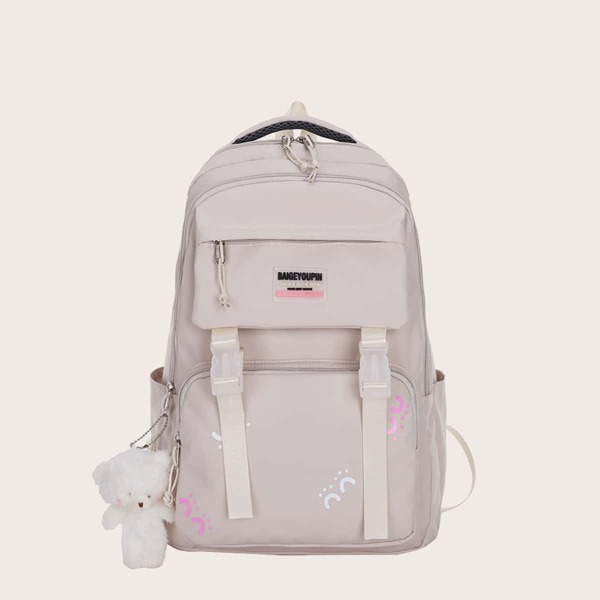 

Cartoon Charm Pocket Front Backpack, Beige