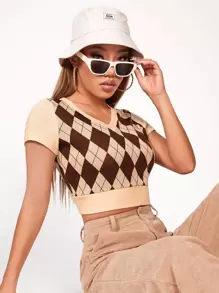 SHEIN PETITE Argyle Print Crop Tee - Multicolor - View 1