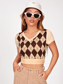 SHEIN PETITE Argyle Print Crop Tee - Multicolor - View 3