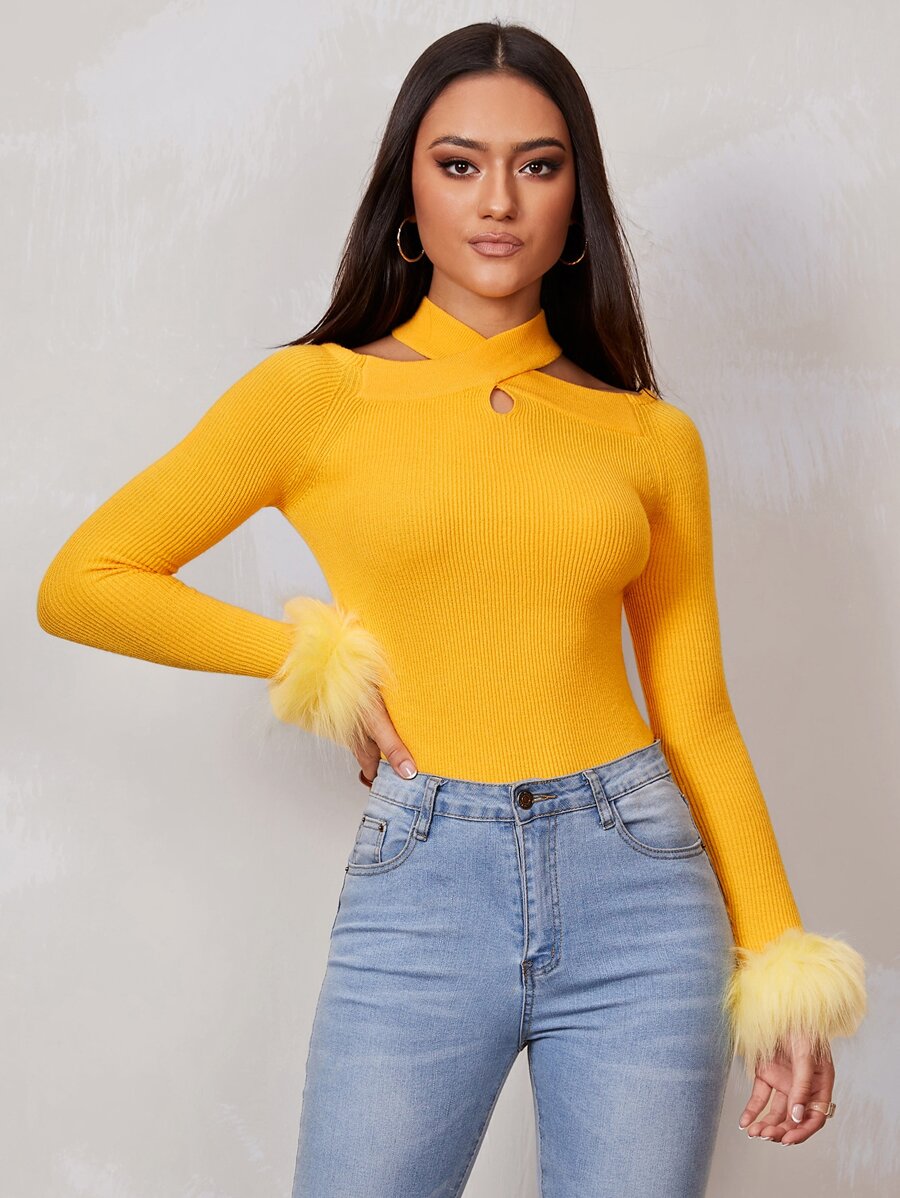 SHEIN Wrap Neck Faux Feather Cuff Jumper - Yellow - View 1