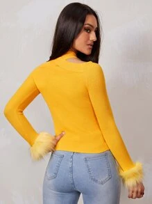 SHEIN Wrap Neck Faux Feather Cuff Jumper - Yellow - View 2
