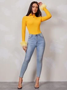 SHEIN Wrap Neck Faux Feather Cuff Jumper - Yellow - View 3