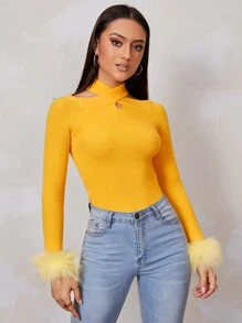 SHEIN Wrap Neck Faux Feather Cuff Jumper - Yellow - View 4