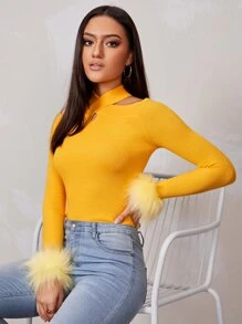 SHEIN Wrap Neck Faux Feather Cuff Jumper - Yellow - View 5