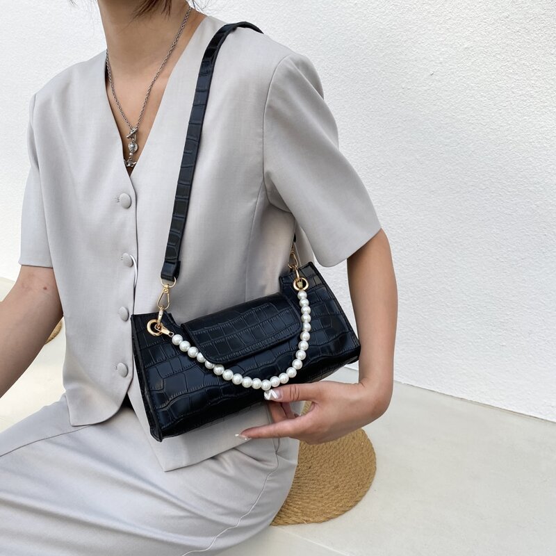 

Croc Embossed Baguette Bag, Black